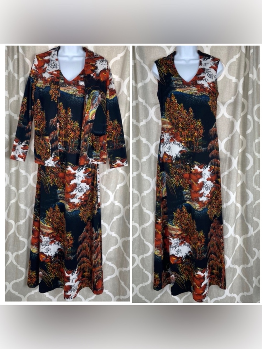 Vintage 70s V-neck Maxi Dress w Cardigan Japanese Trees Cranes & Hilly Print